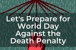 [ai] An illustration of a red umbrella with rain falling, overlayed with the text 'Let's Prepare for World Day Against the Death Penalty.' The background features a green pattern.